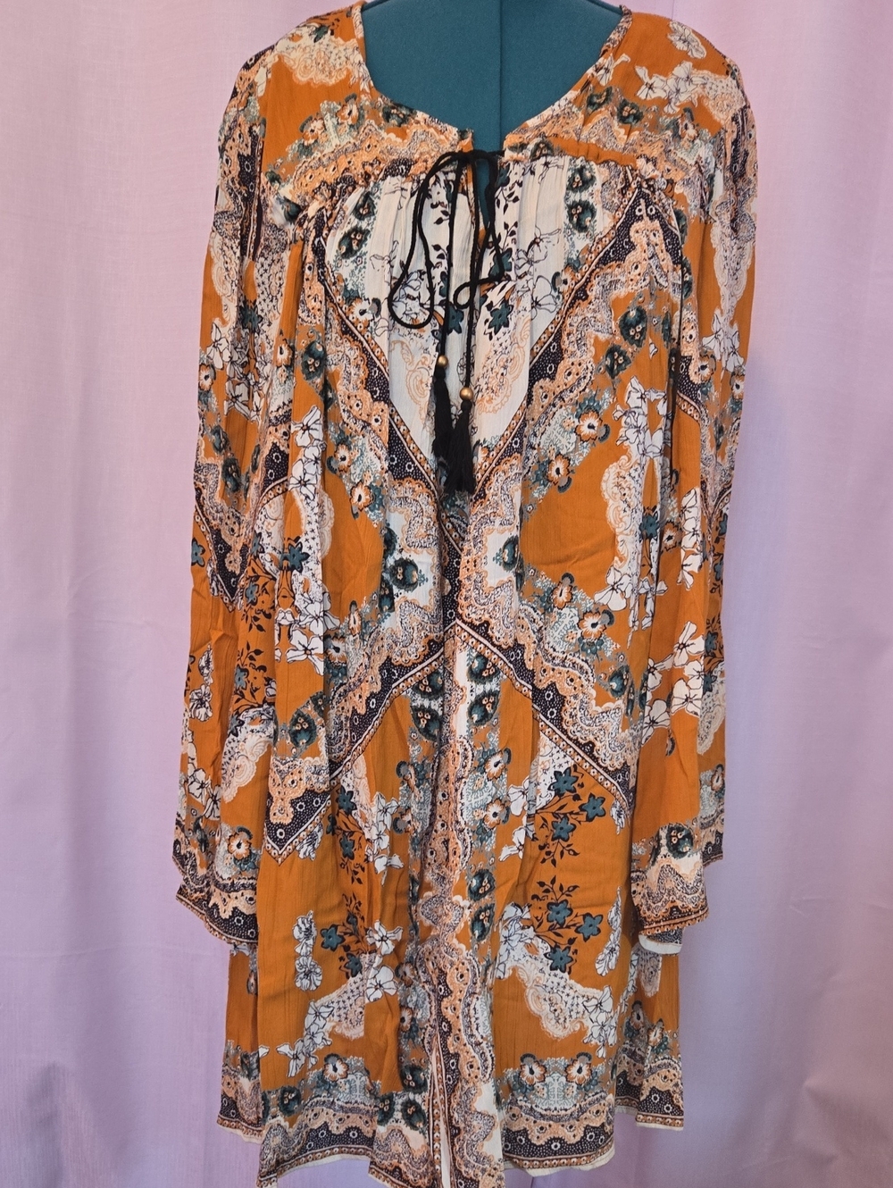 Angie Orange and Cream Boho Floral Tunic Dress